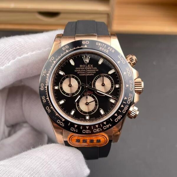 Rolex Cosmograph Daytona in Everose Gold on a Rubber Strap with a Black Dial, M126515-0001
