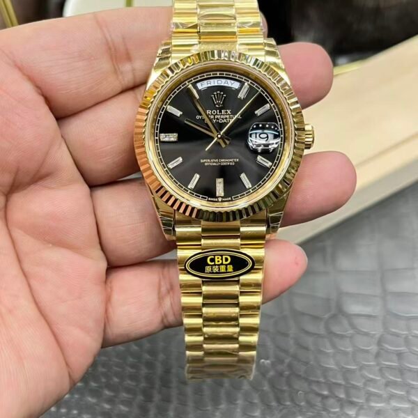 Rolex Day-Date 128238-0008, all-gold, black dial, diamond hour markers